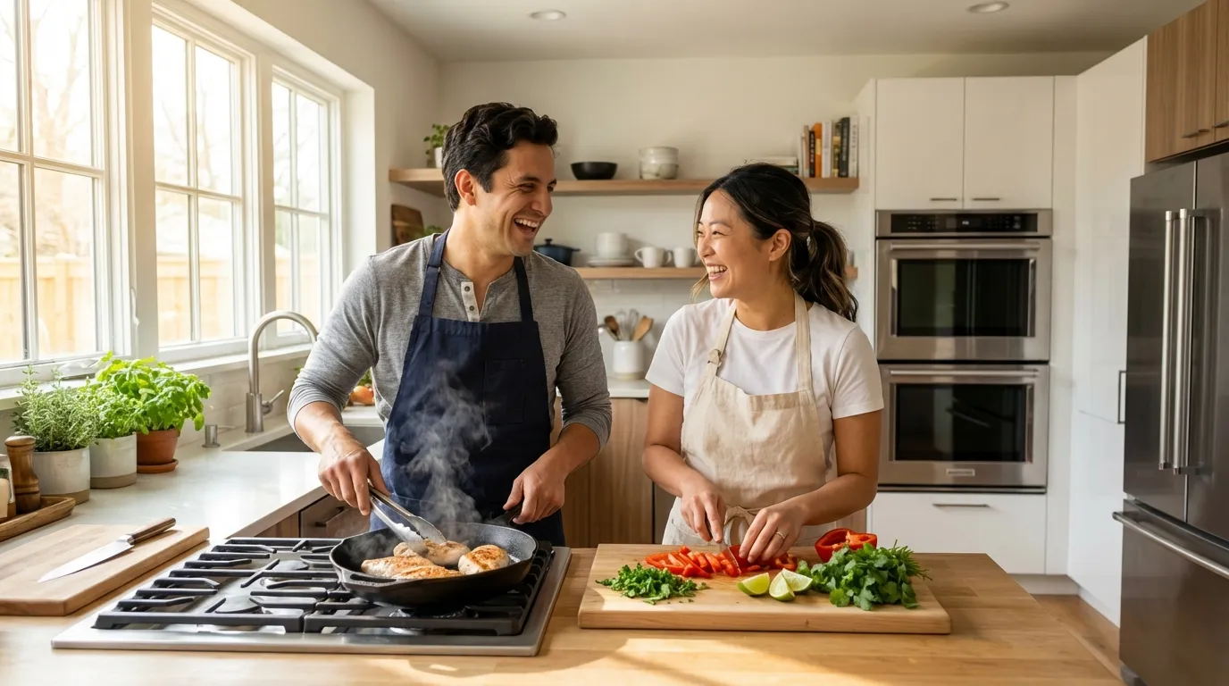 Jake and Sophia cooking together in the Quick Plate Chef test kitchen.