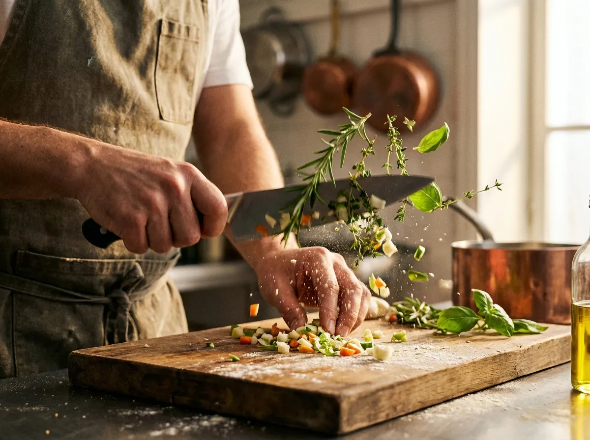 Chef hands chopping vegetables with speed.
