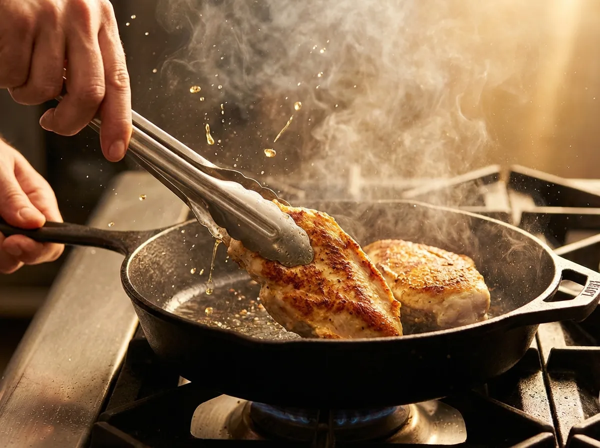 Searing chicken in a cast iron skillet.