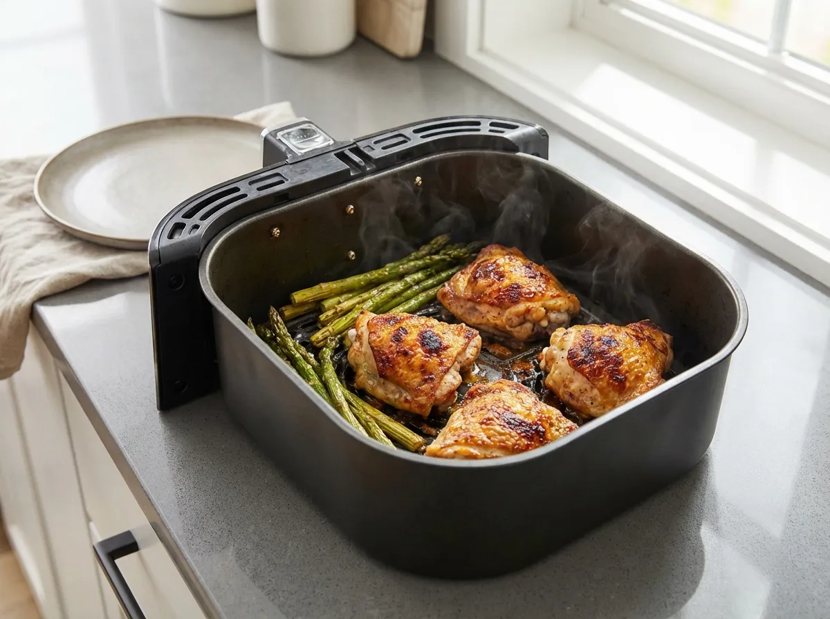 Crispy golden chicken thighs from an air fryer basket.