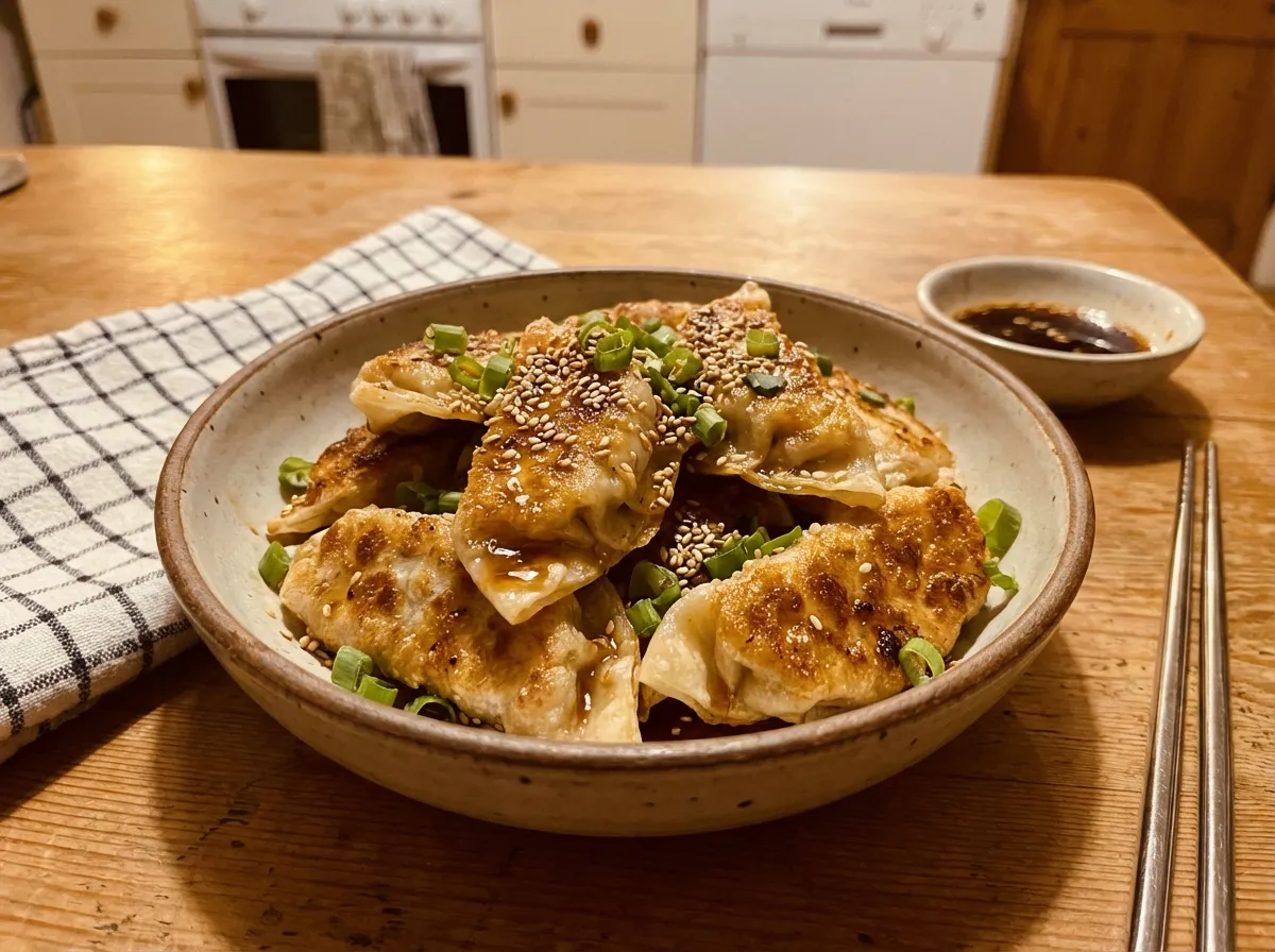 Golden pan-fried cabbage dumplings with sesame drizzle.