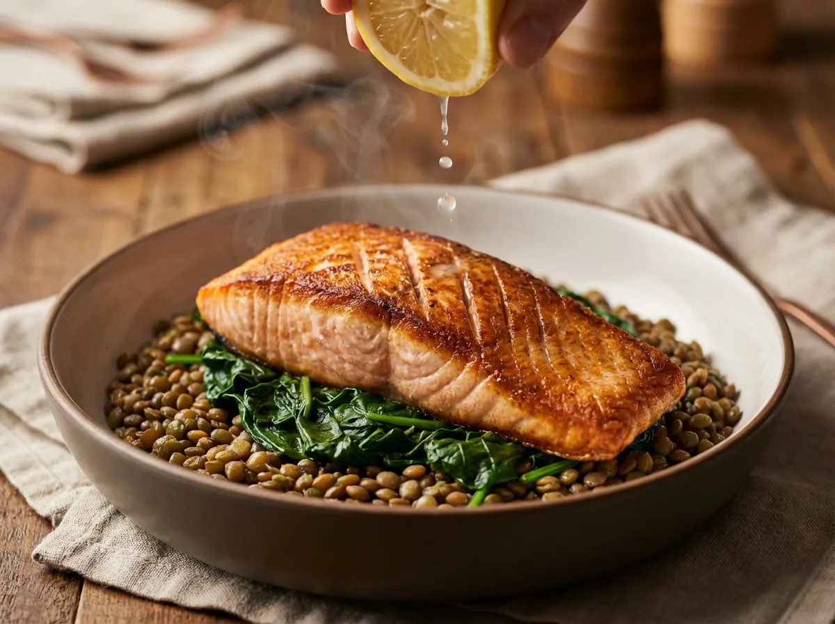 Perfectly seared salmon with wilted spinach and lentils.