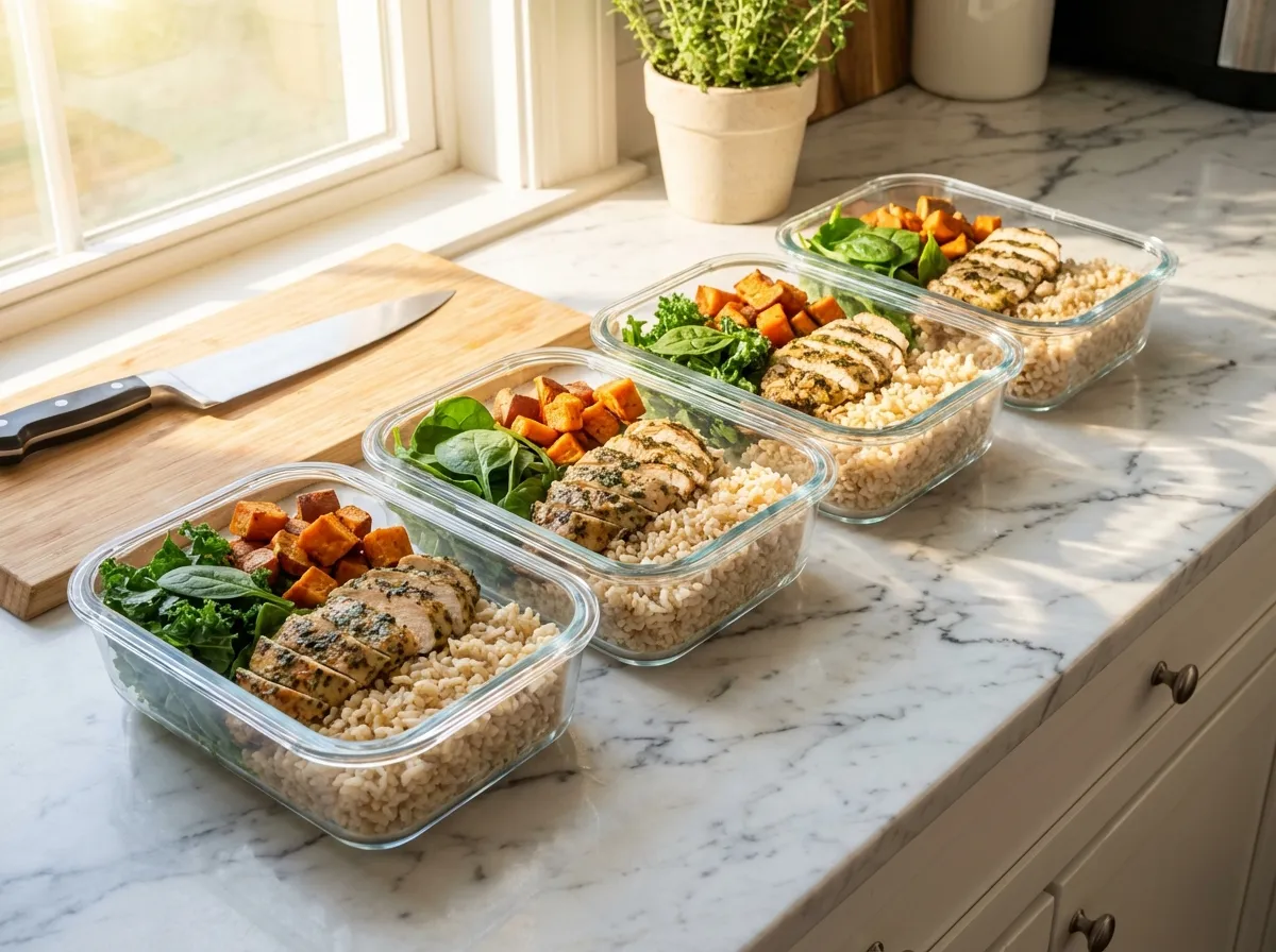 Five glass meal prep containers lined up, perfectly organized.