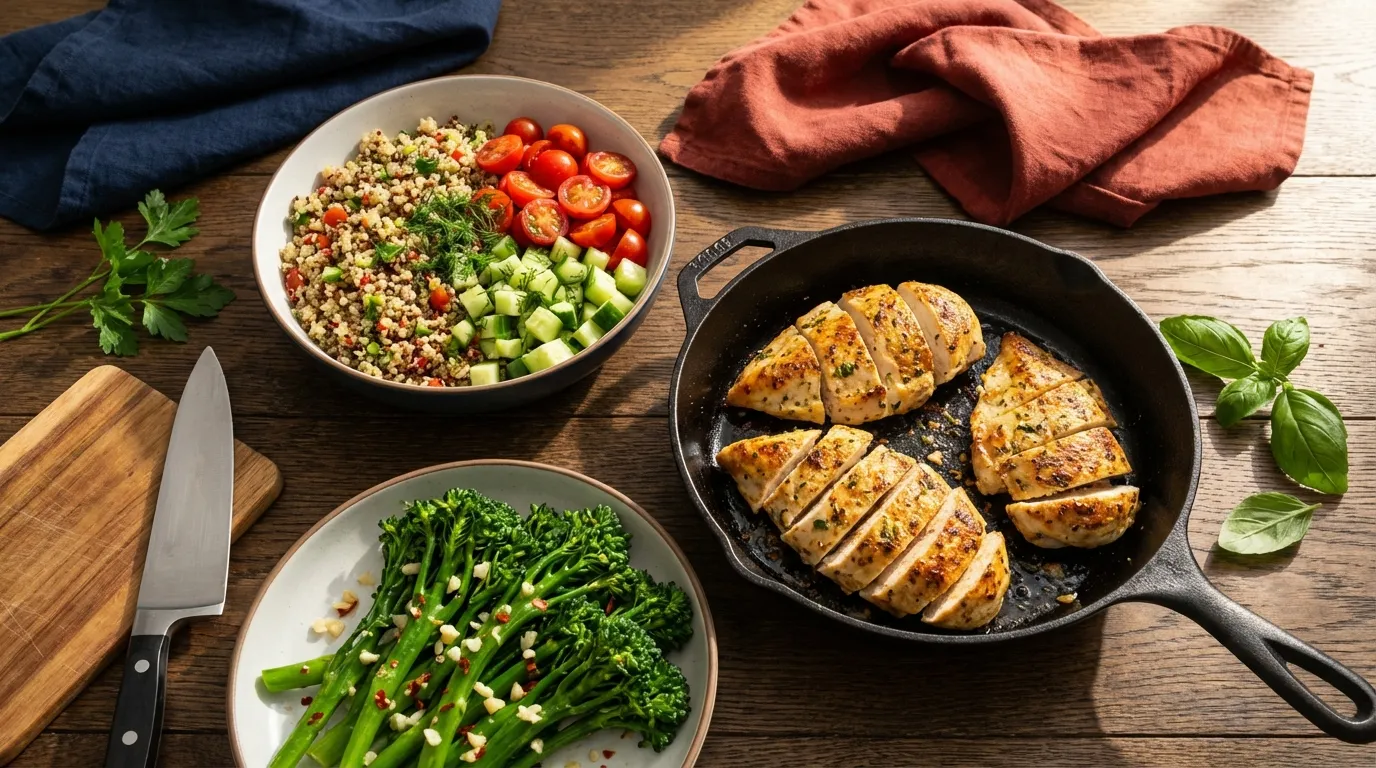 Chef-style seared chicken with roasted vegetables and herb garnish.