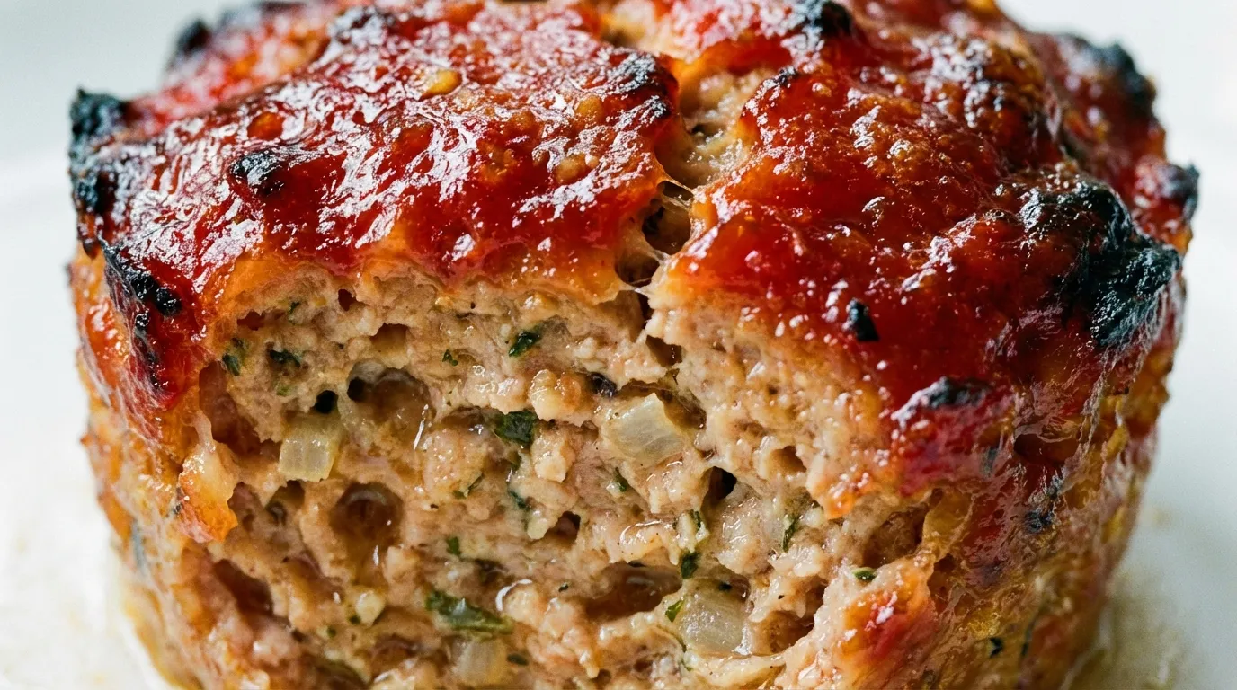 Extreme close-up of a mini turkey meatloaf with a glistening caramelized ketchup glaze and visible herb flecks.