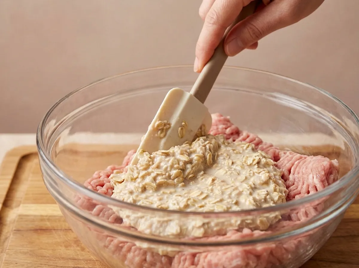 Close-up of hands mixing milk-soaked oats into ground turkey in a glass bowl.