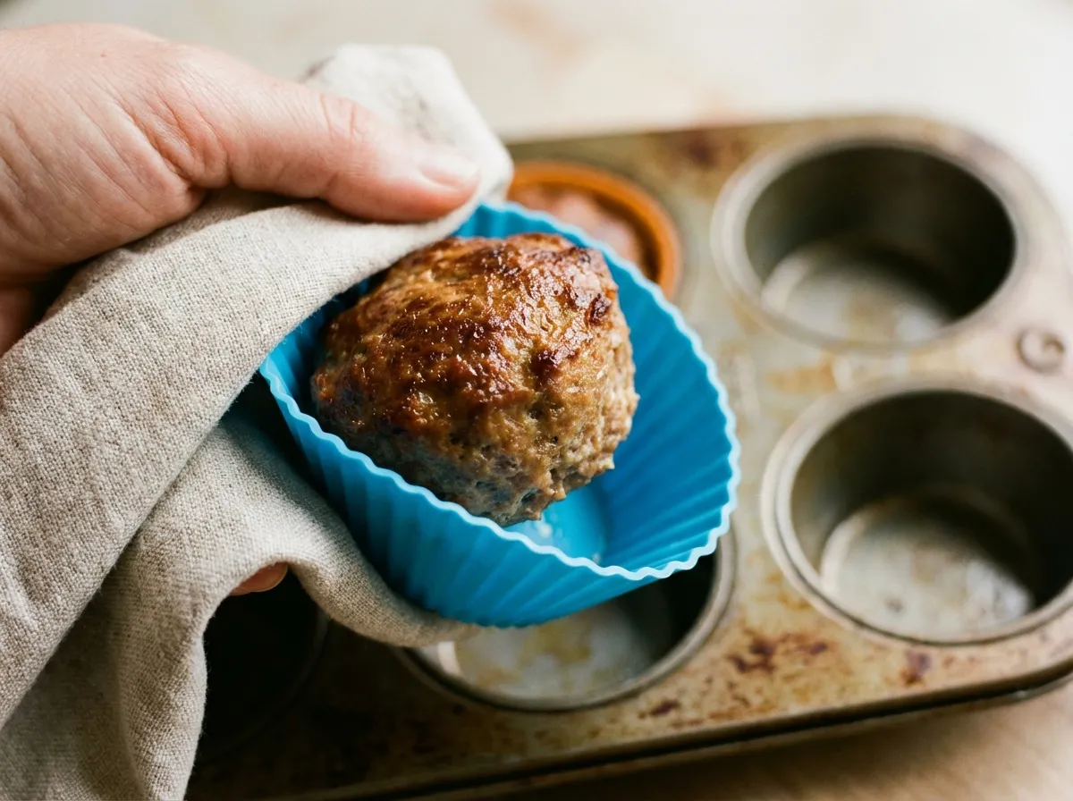 A hand lifting a cooked mini turkey meatloaf effortlessly out of a colorful silicone muffin liner.
