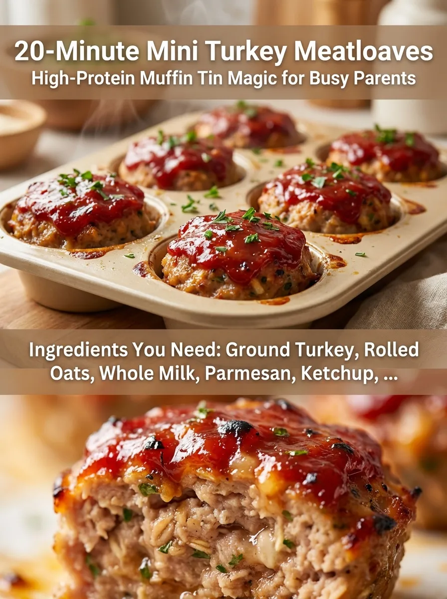 Vertical Pinterest pin for 20-minute mini turkey meatloaves with headline and ingredient list.