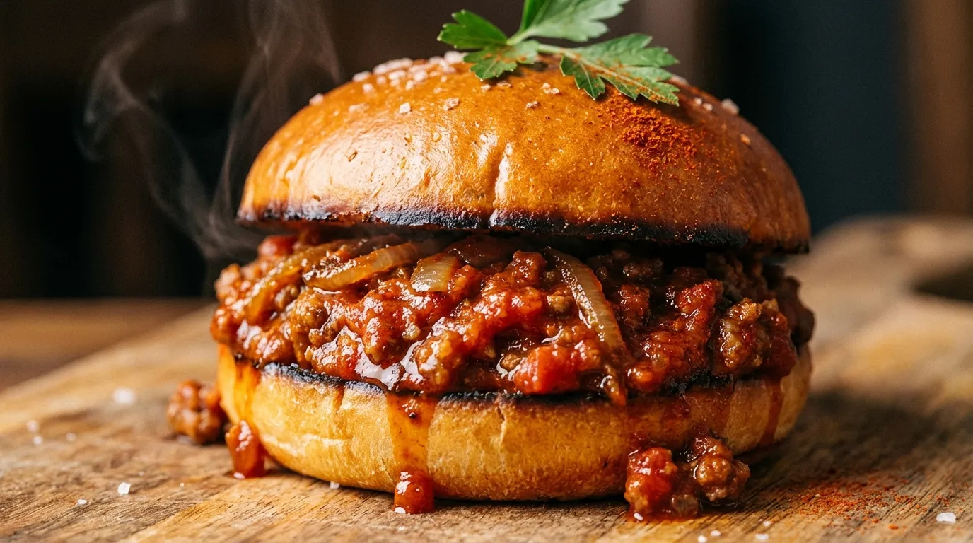 Extreme close-up macro photography of a high-protein sloppy joe on a toasted brioche bun showing thick meat sauce and glossy texture.
