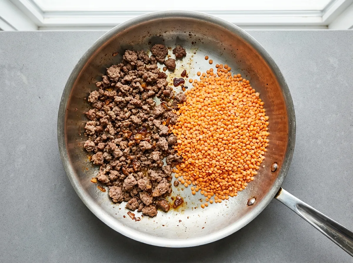 Top-down view of dry split red lentils next to browned ground beef in a stainless steel skillet.