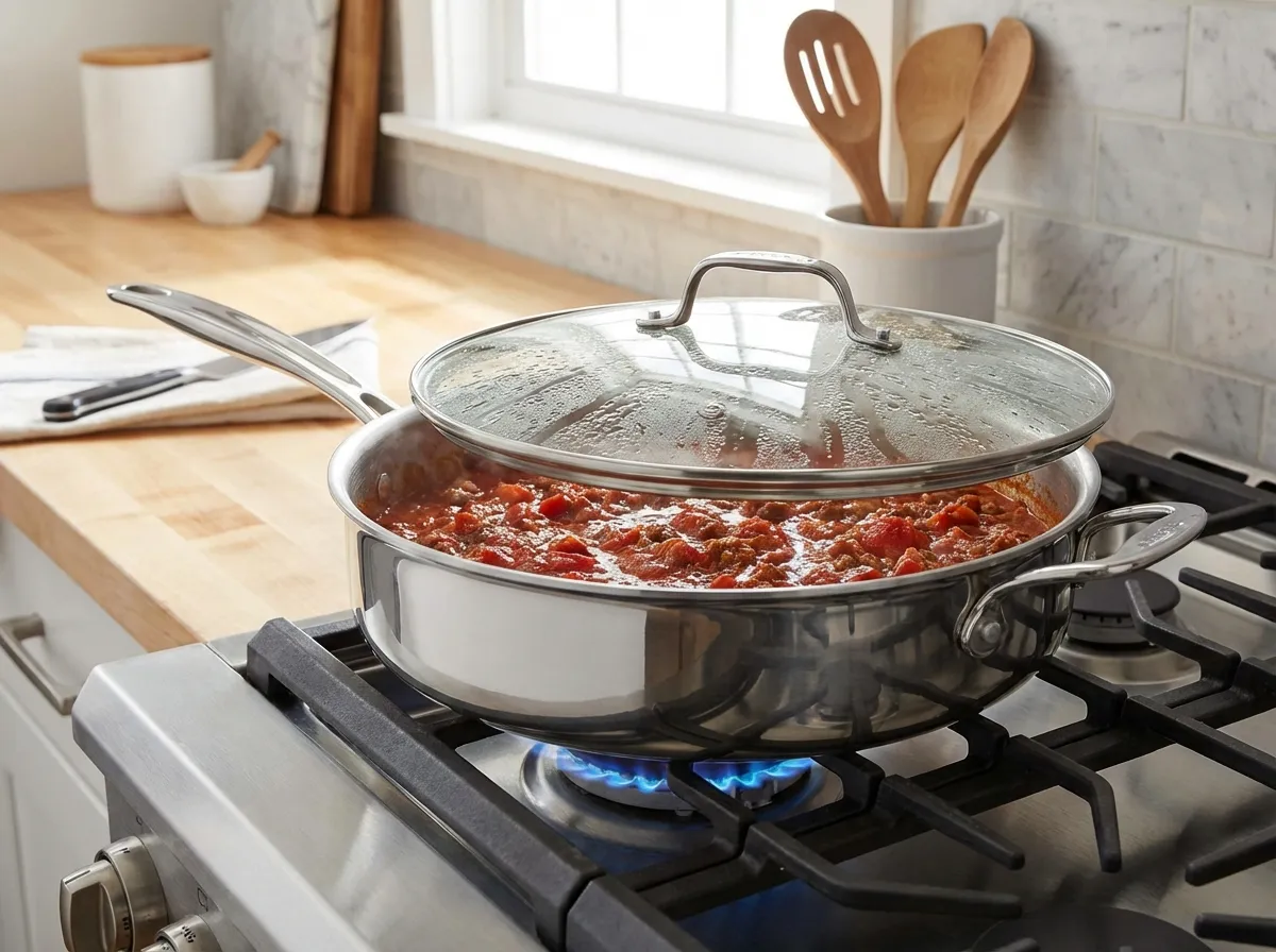 A 12-inch high-wall sauté pan with a glass lid trapping steam over a bubbling red meat and lentil sauce.