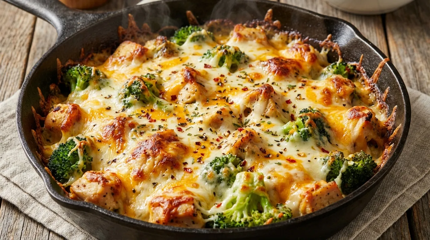 Extreme close-up of a cheesy chicken and broccoli bake in a cast iron skillet with bubbly melted mozzarella and golden seared chicken.