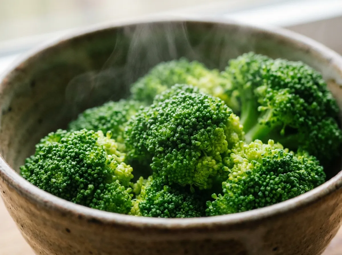Vibrant green steamed broccoli florets ready to be added to the chicken skillet.