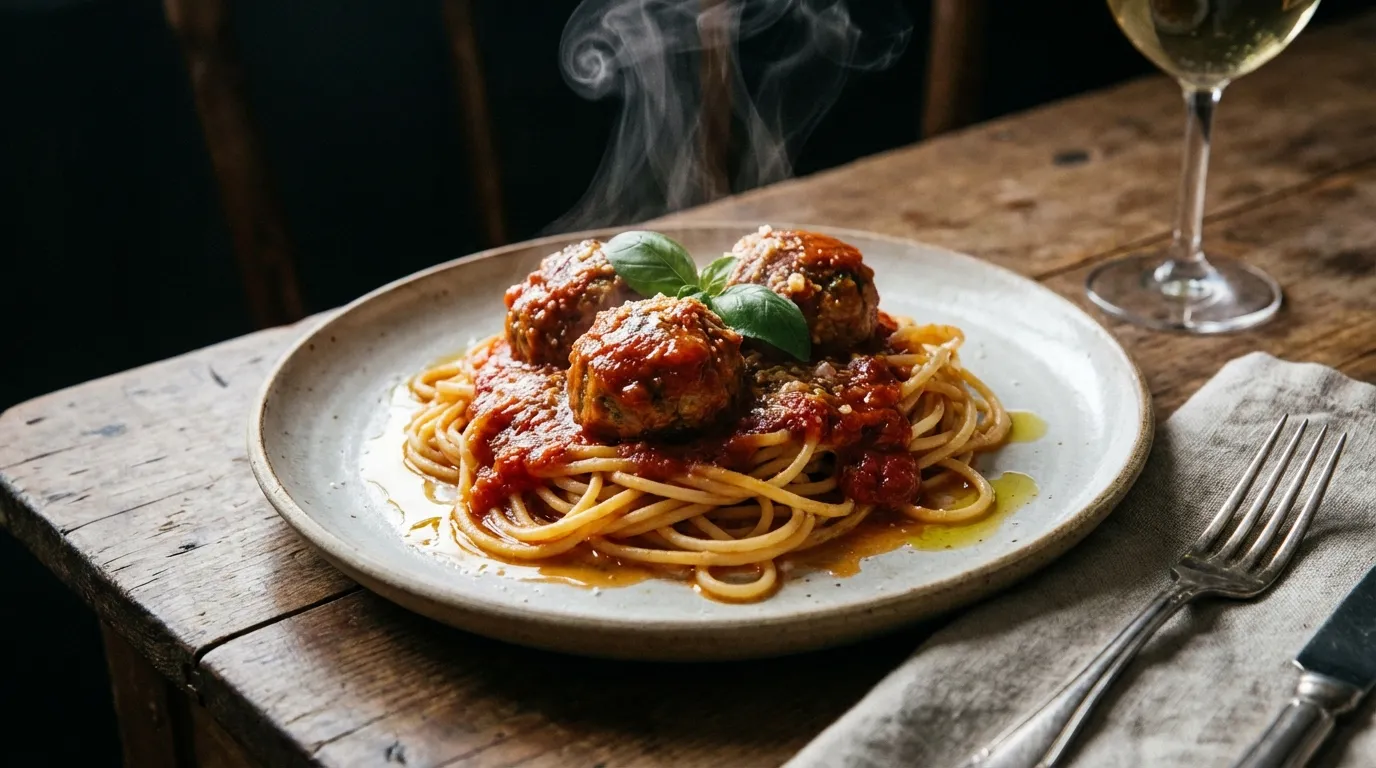 Close-up of golden-brown seared turkey meatballs served over spaghetti with marinara sauce, showing a juicy interior texture.