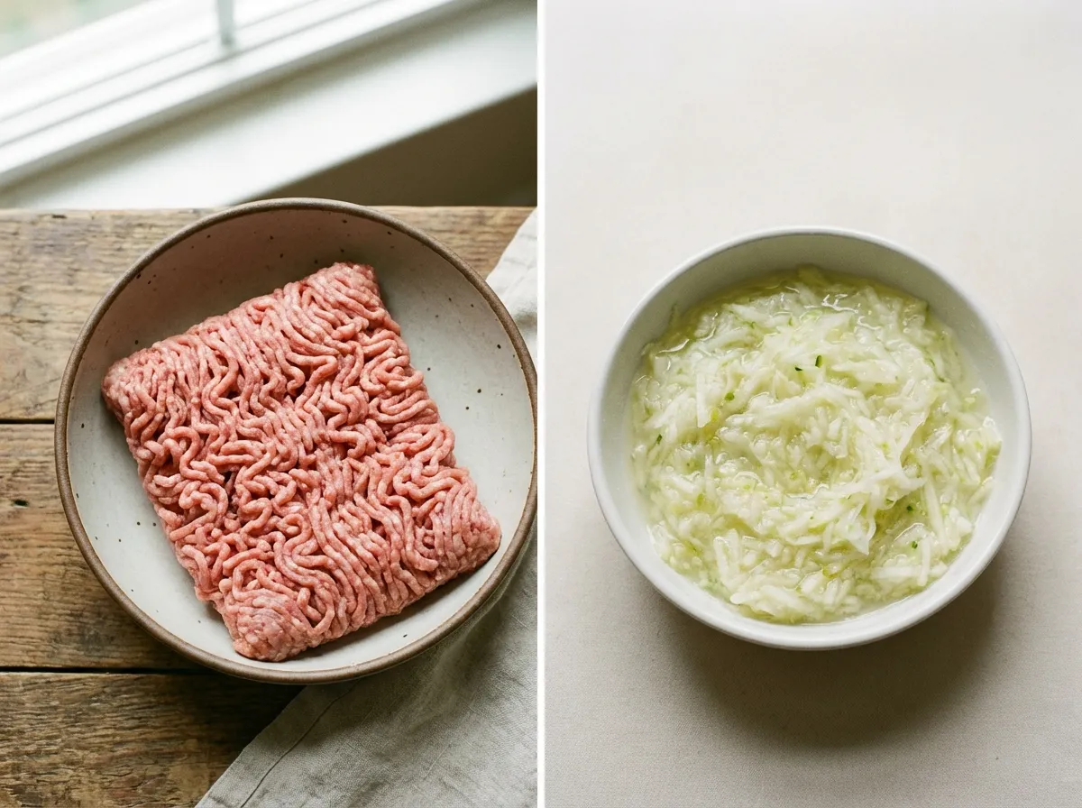 Comparison layout of raw lean ground turkey next to a bowl of peeled and finely grated white zucchini flesh.