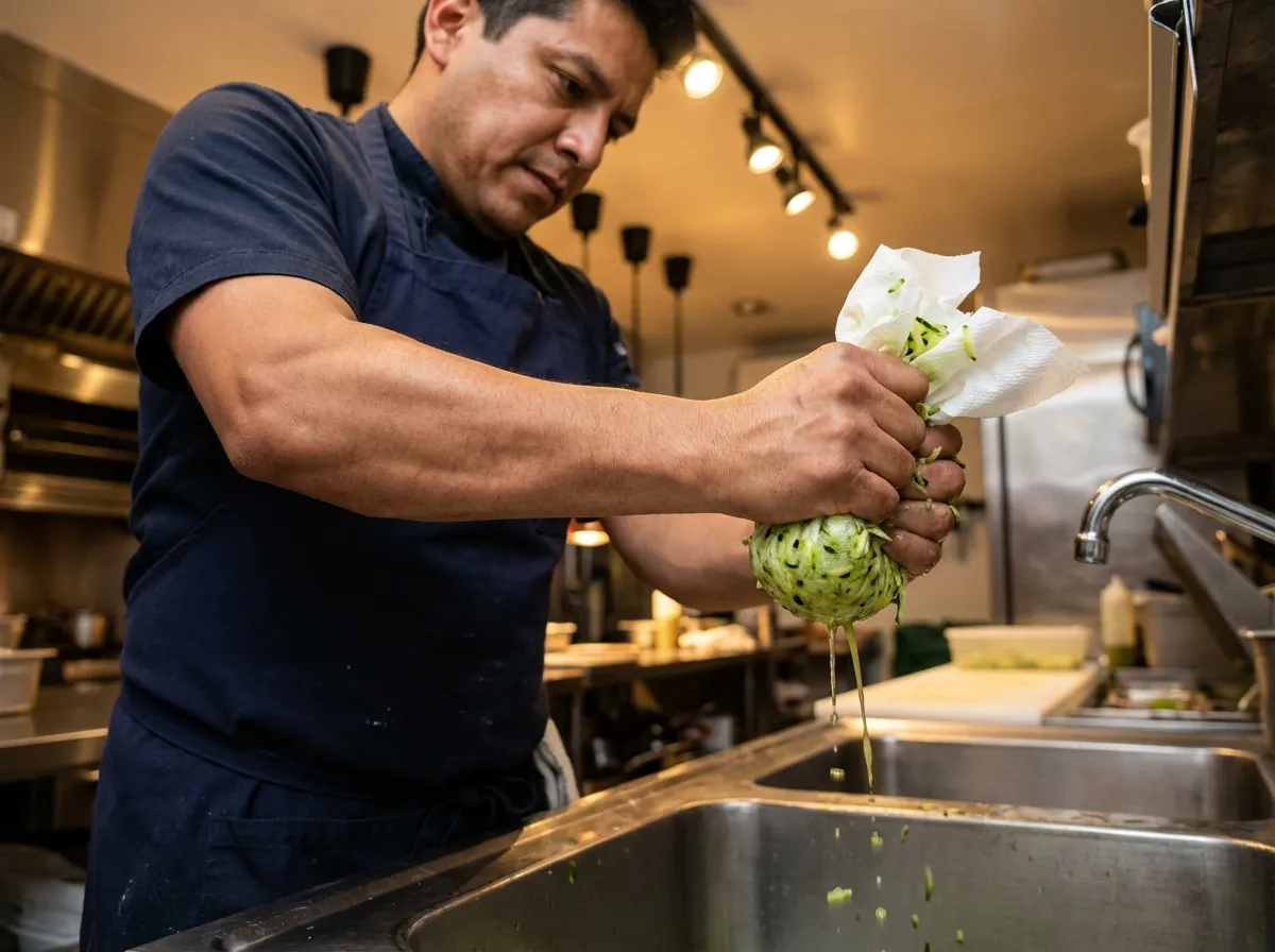 A chef's hands squeezing a paper towel filled with grated zucchini over a sink to remove excess water.
