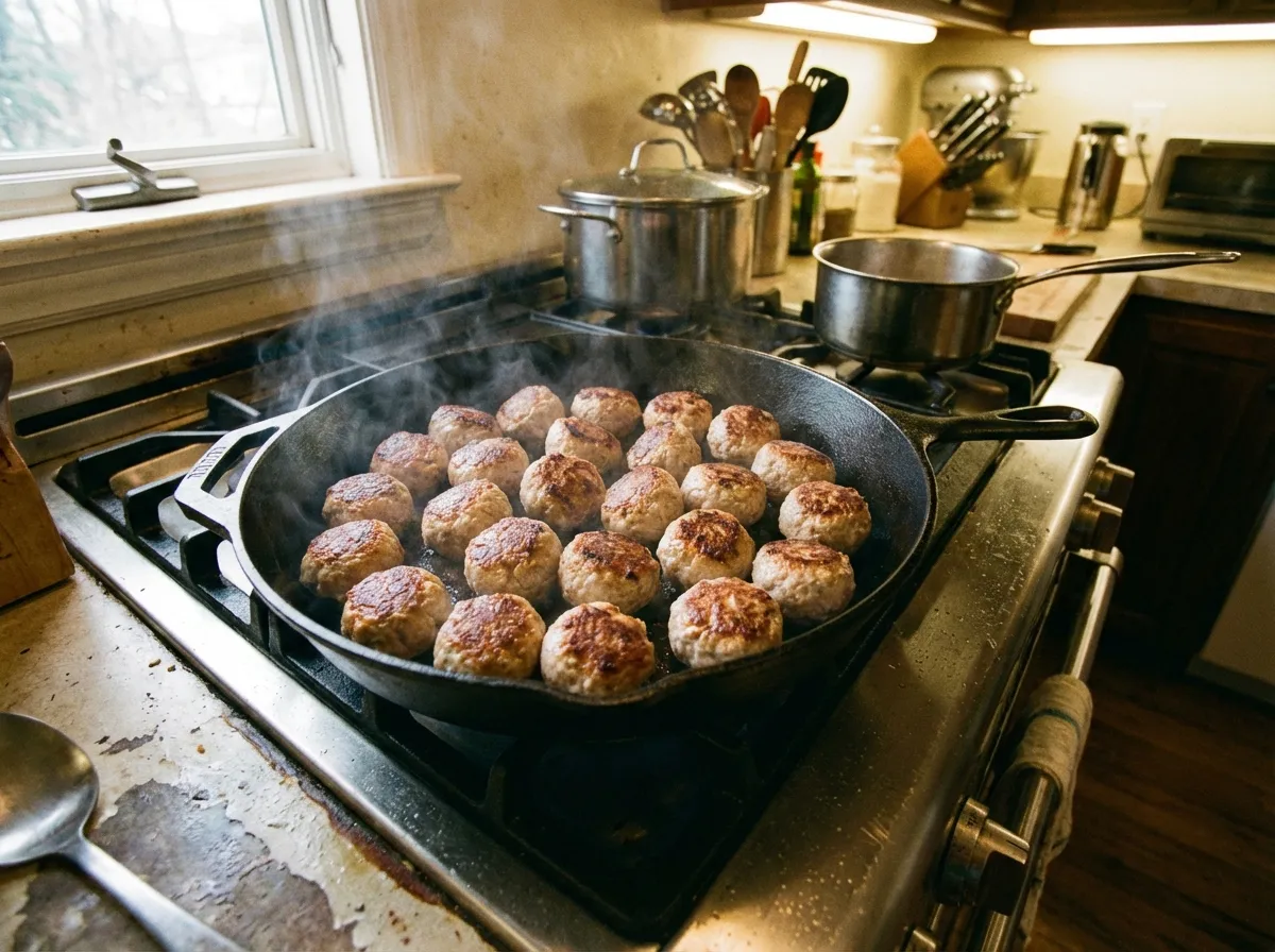 Turkey meatballs searing in a 12-inch cast-iron skillet, showing a deep golden Maillard crust on the bottom.