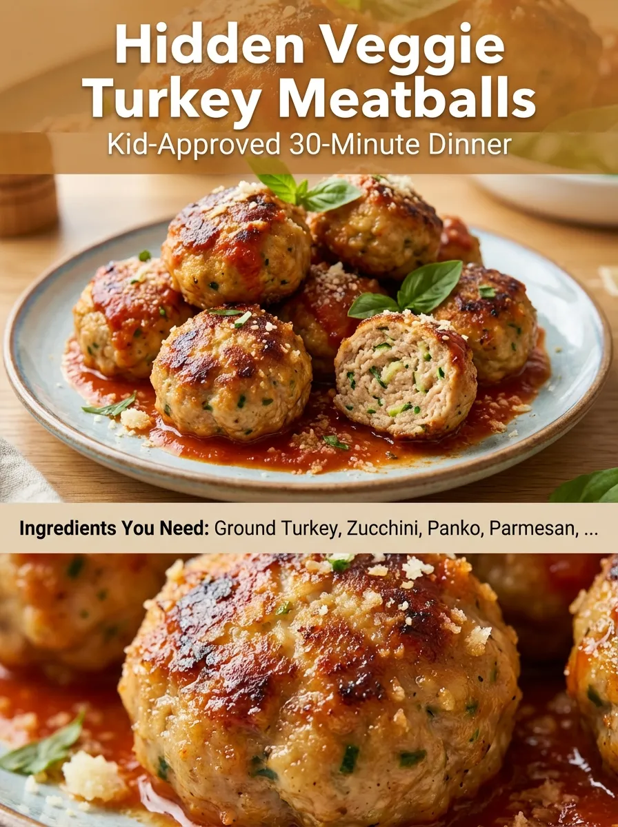 Pinterest graphic for Hidden Veggie Turkey Meatballs featuring a split layout with recipe title and ingredient highlights.