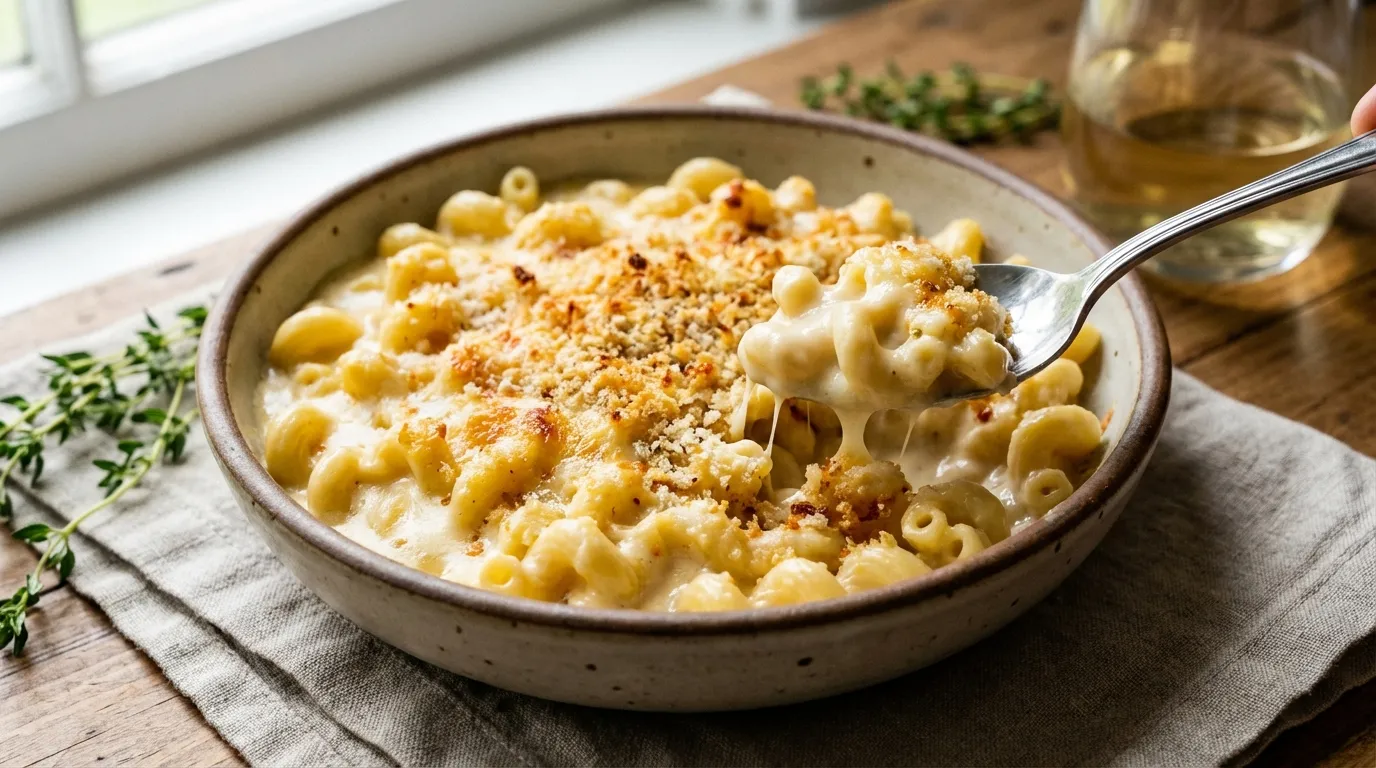 Close-up of creamy high-protein macaroni and cheese with a golden crust and steam rising.