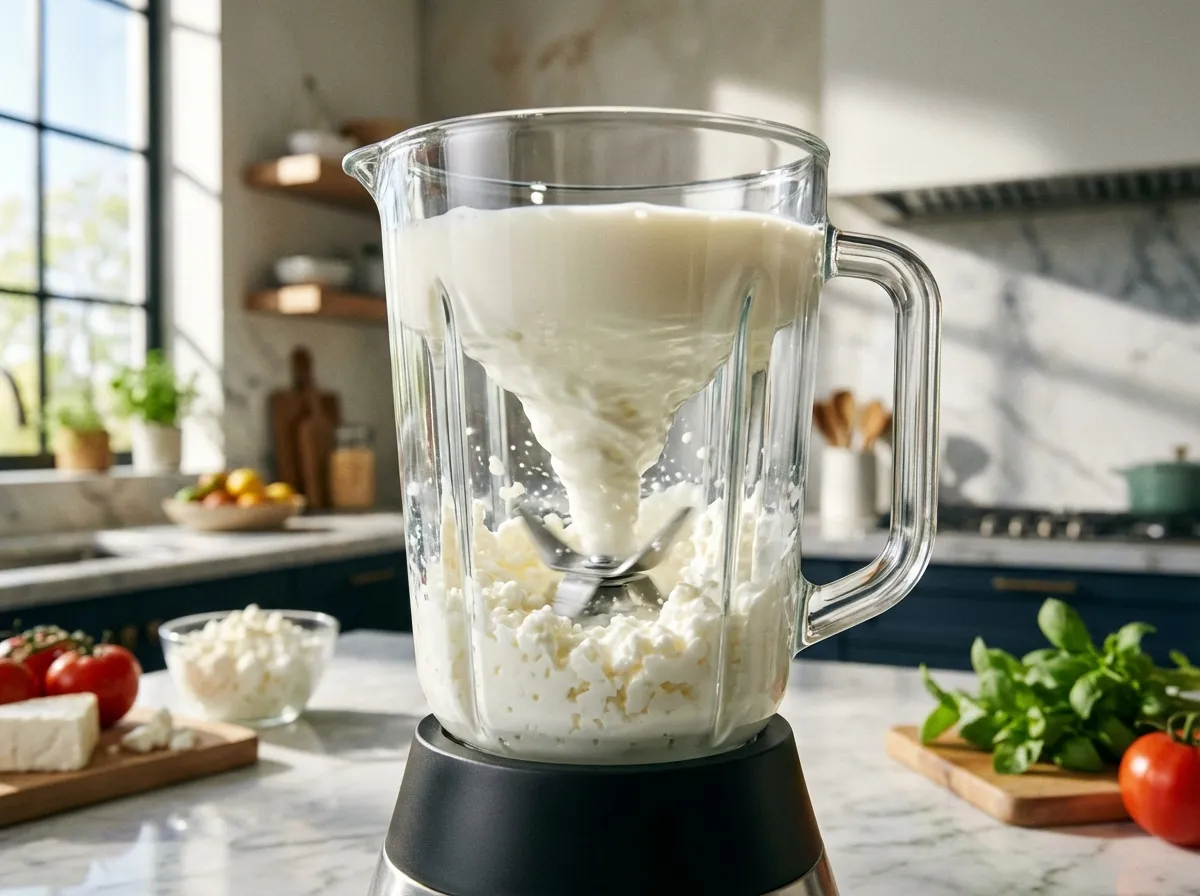 A high-speed blender liquefying white cottage cheese into a smooth, silken consistency.