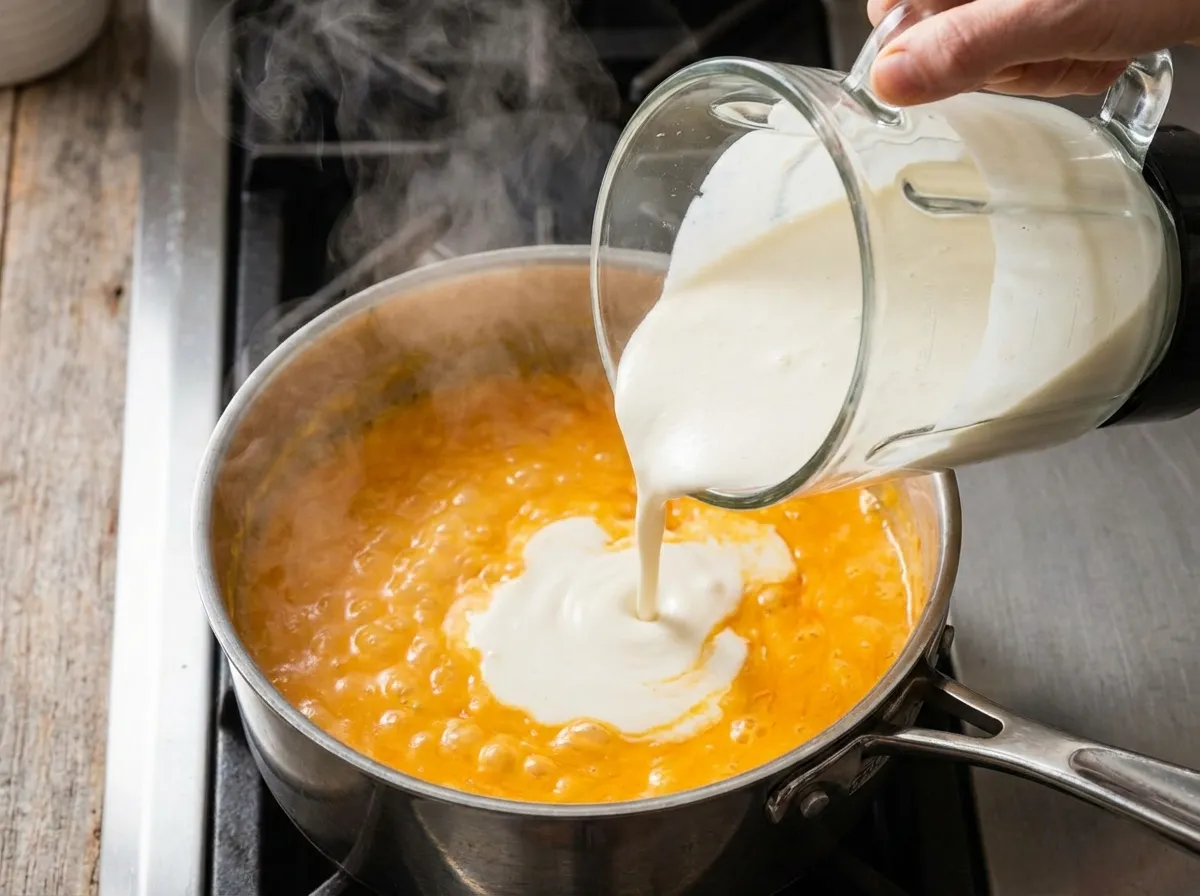Silky white blended cottage cheese being poured into a bubbling pot of orange cheddar cheese sauce.