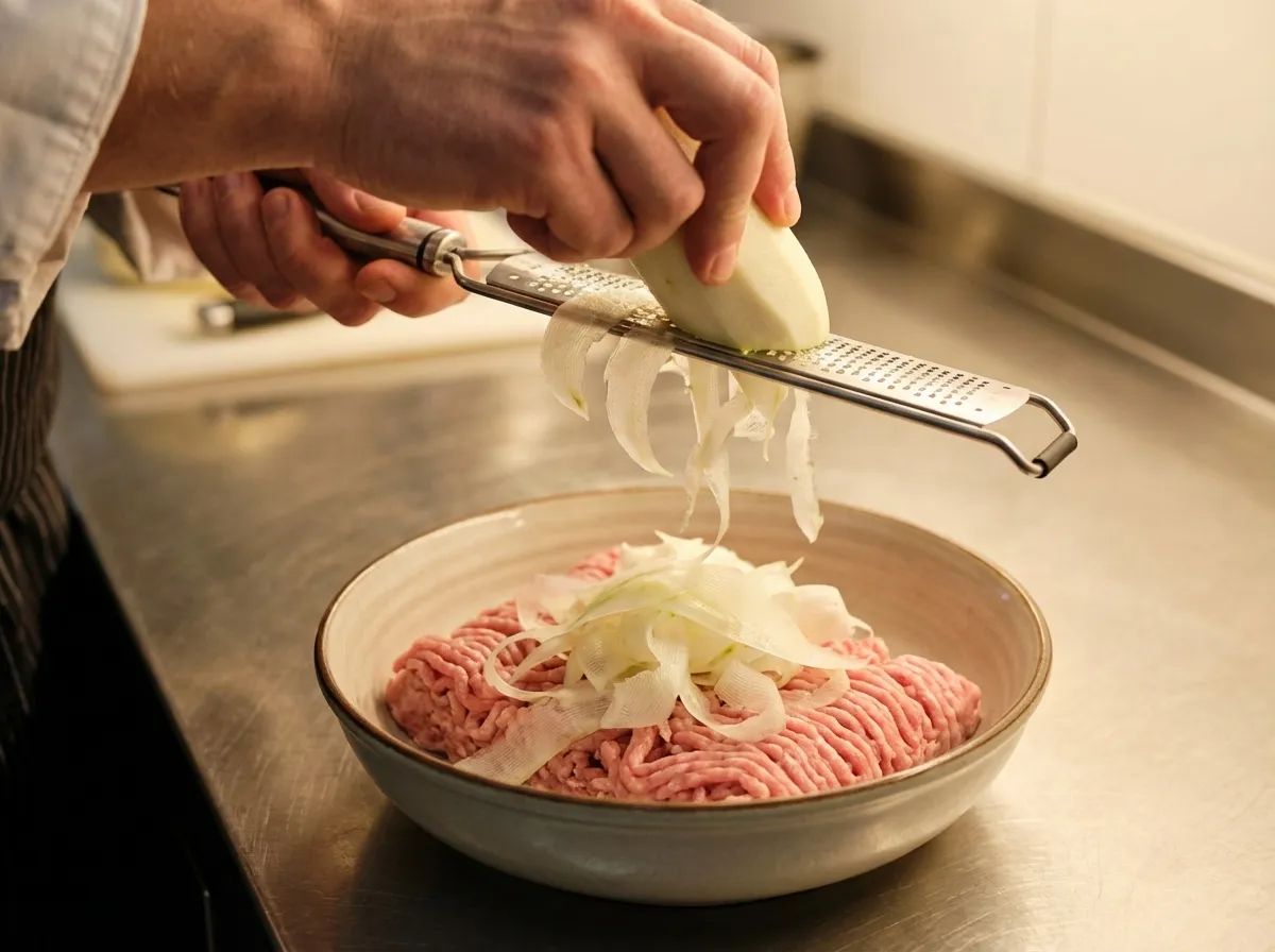 A hand using a microplane to grate a completely peeled white zucchini into a bowl of raw ground turkey.