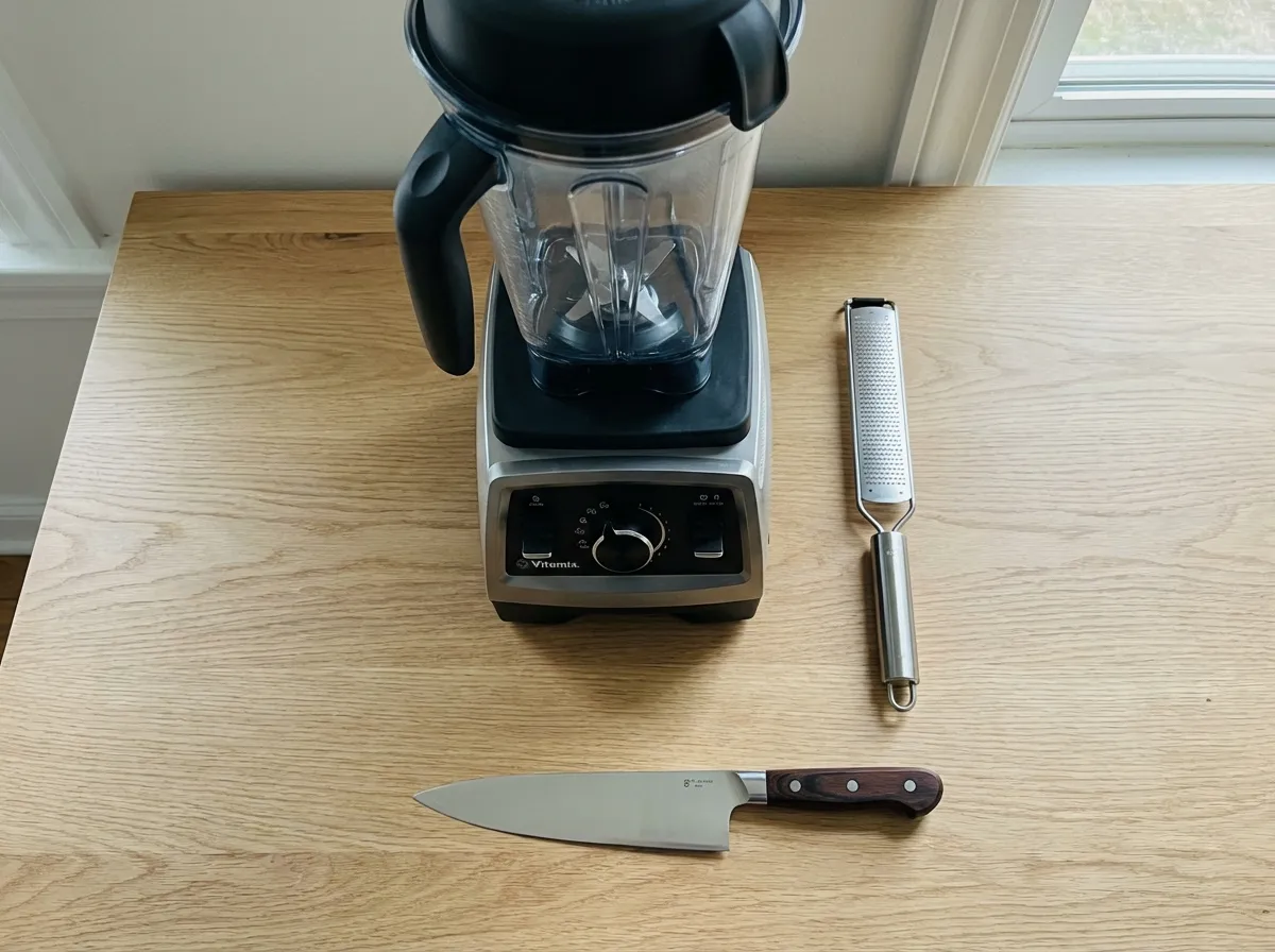 A high-speed blender, a microplane zester, and a sharp 8-inch chef's knife arranged on a wooden cutting board.