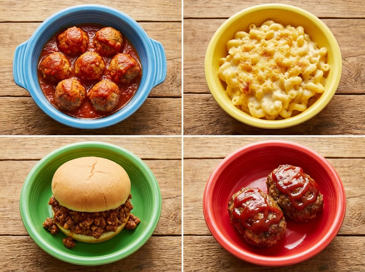A grid showing four different kid-friendly meals: meatballs, mac and cheese, sloppy joes, and mini meatloaves.