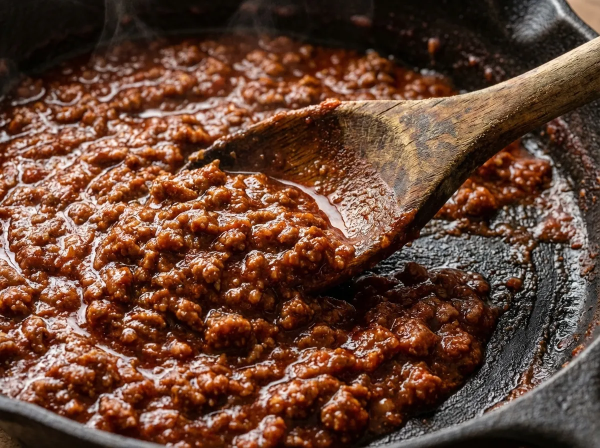 A wooden spoon lifting thick, rich sloppy joe meat sauce, showing a smooth and hearty texture.