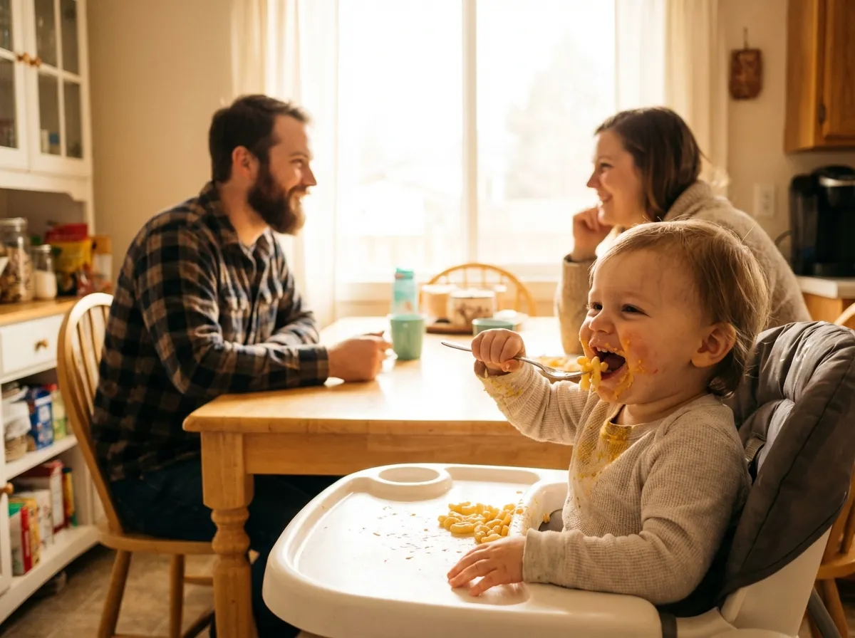 A happy child eating a bowl of macaroni and cheese with a smile, parents visible in the soft-focus background.