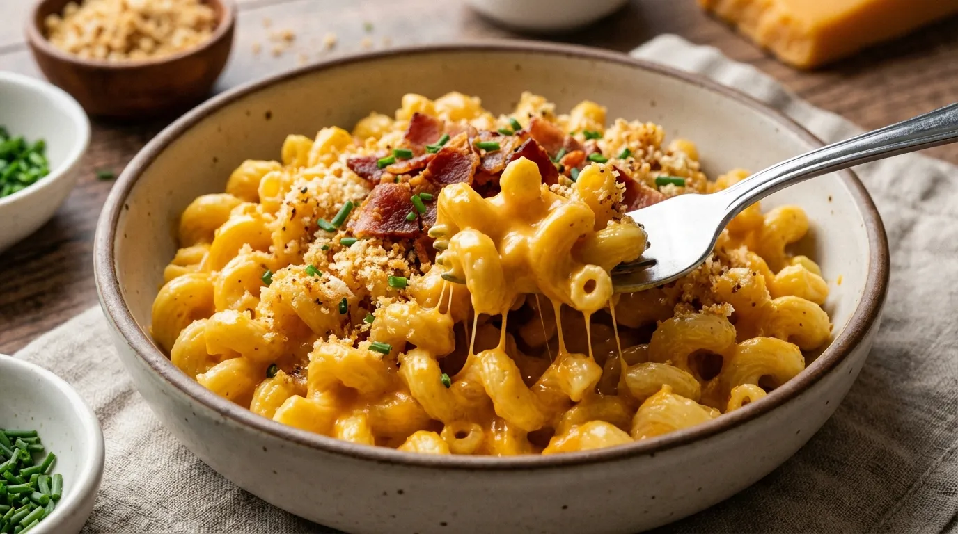 Extreme close-up of creamy protein mac and cheese with velvety orange sauce coating bronze-die cavatappi noodles.
