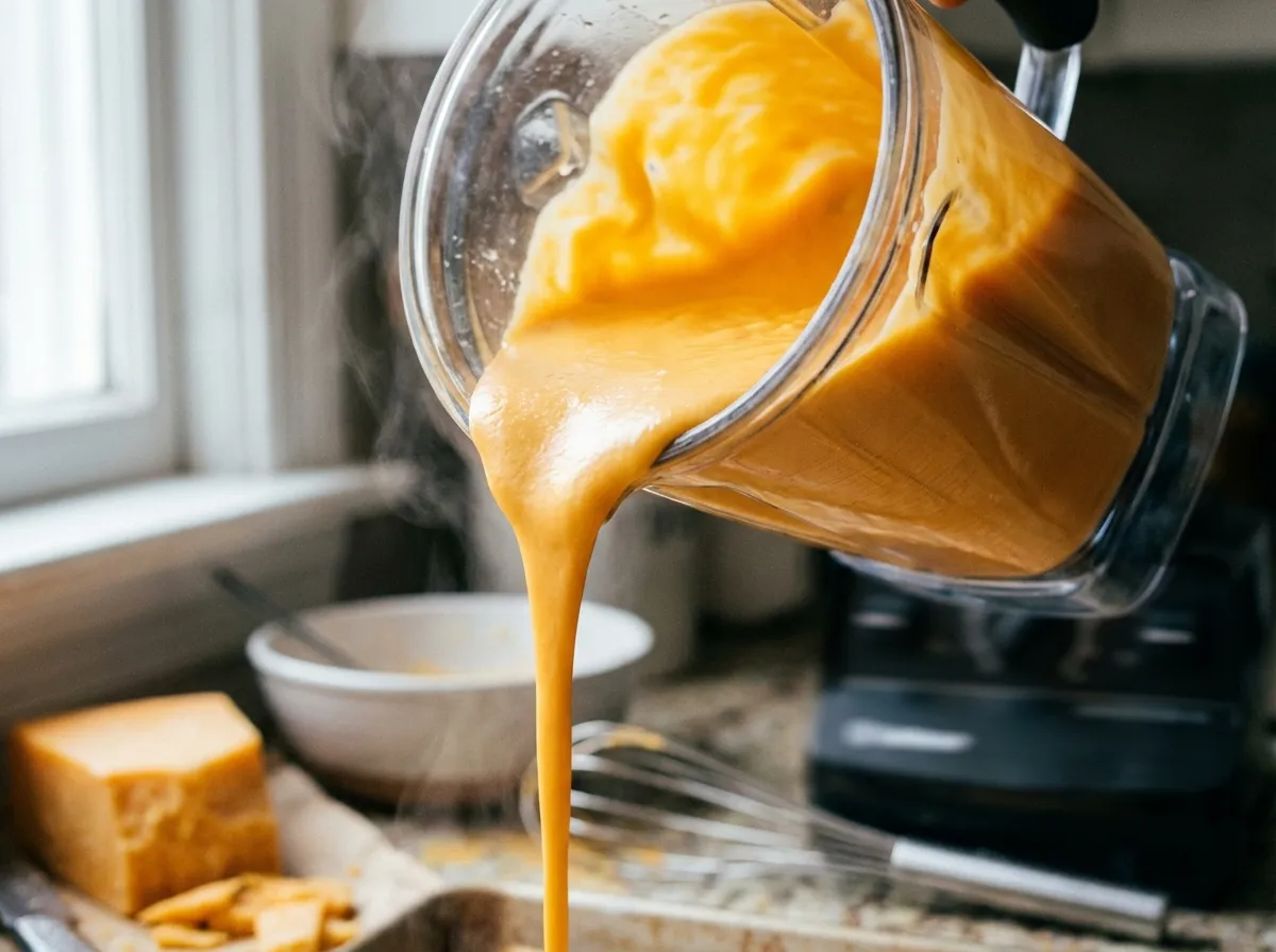 A high-speed blender jar filled with a perfectly smooth, vibrant orange cheese sauce being poured.