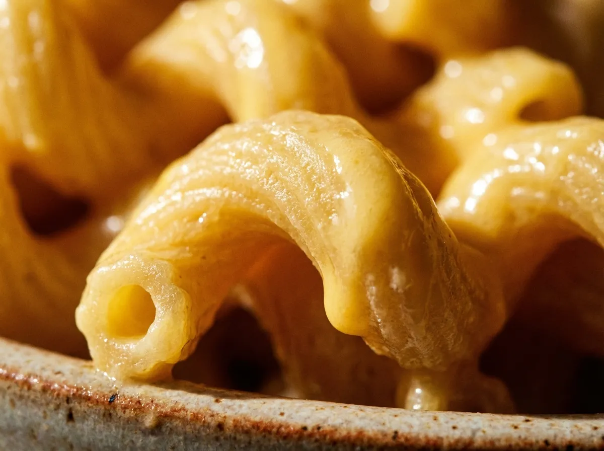 Macro shot of a single bronze-die cavatappi noodle heavily coated in thick cheese sauce, showing the porous texture of the pasta.