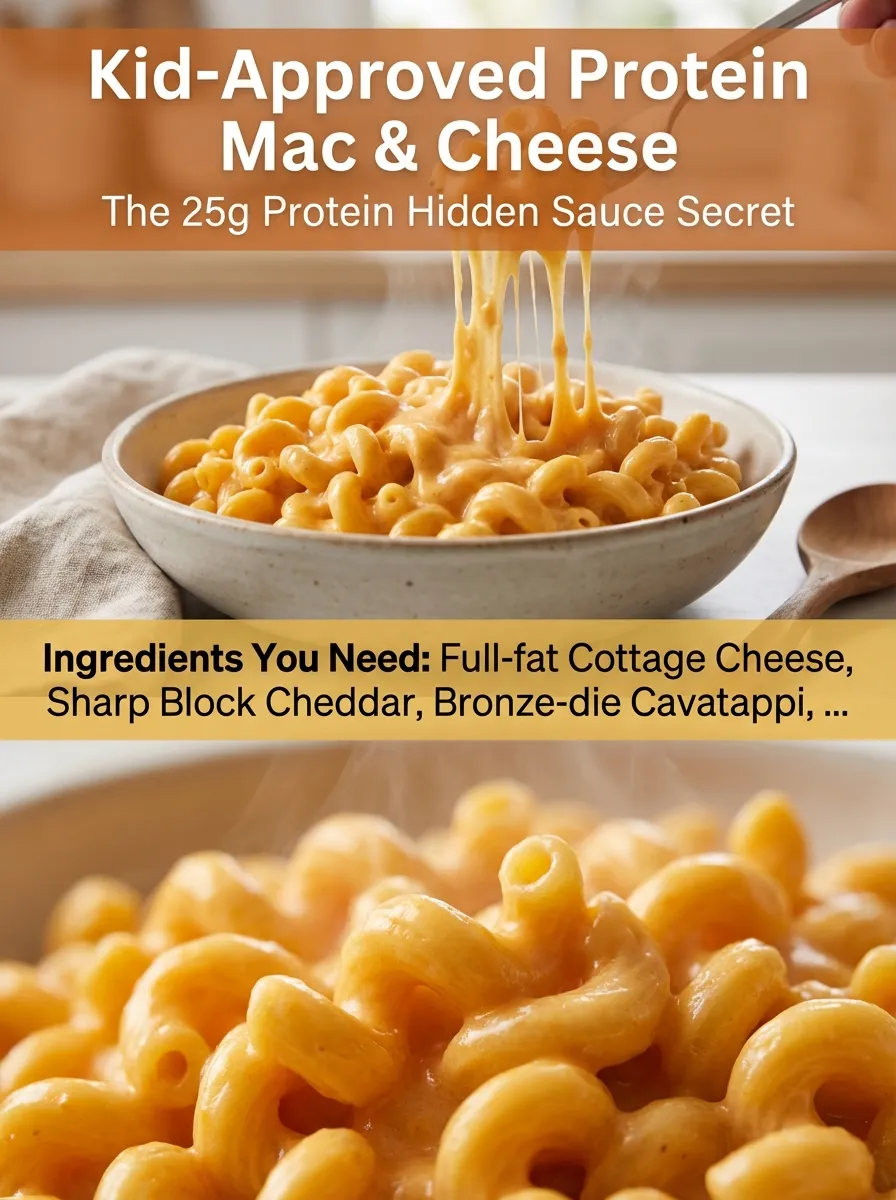 Pinterest pin for Kid-Approved Protein Mac and Cheese with hidden cottage cheese sauce.