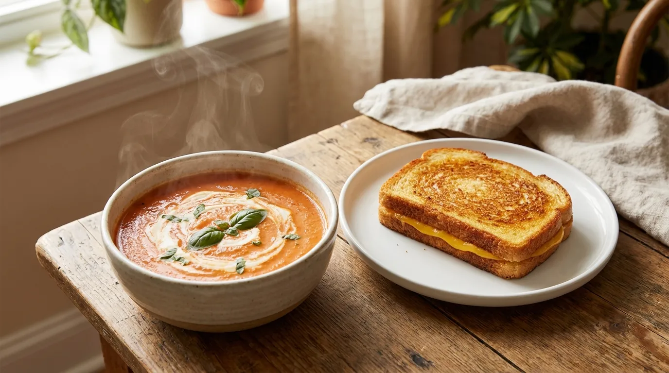 Close-up of a steaming bowl of vibrant red creamy tomato soup next to a golden-brown, mayo-crusted grilled cheese sandwich with melted cheese.