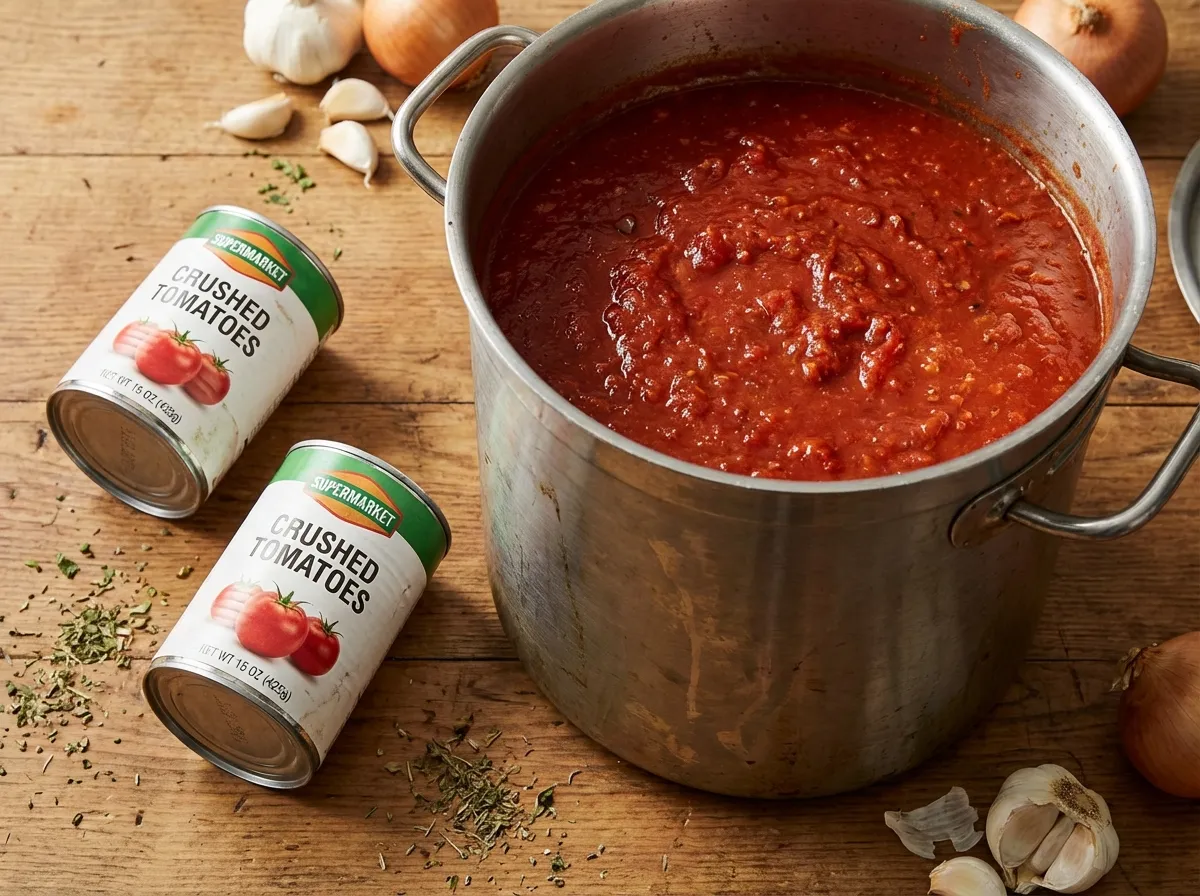Two large cans of crushed tomatoes next to a large pot of finished thick tomato soup, demonstrating high yield.