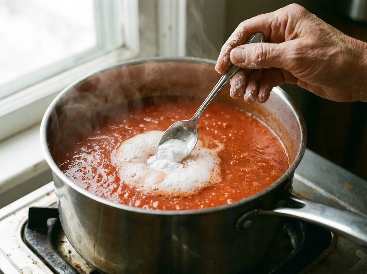 A close-up of tomato soup foaming slightly in a pot as baking soda is stirred in to neutralize acidity.