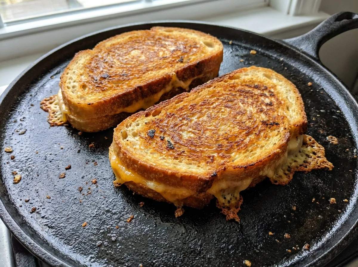 Grilled cheese sandwiches frying on a black cast iron griddle, showing an even golden-brown mayo crust.