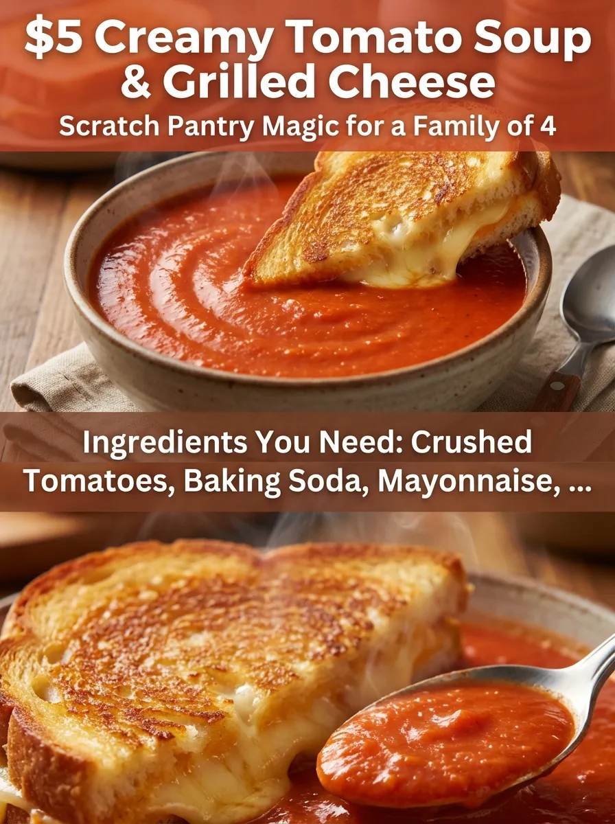 Vertical Pinterest graphic for $5 Creamy Tomato Soup and Grilled Cheese with ingredient list and hero view.