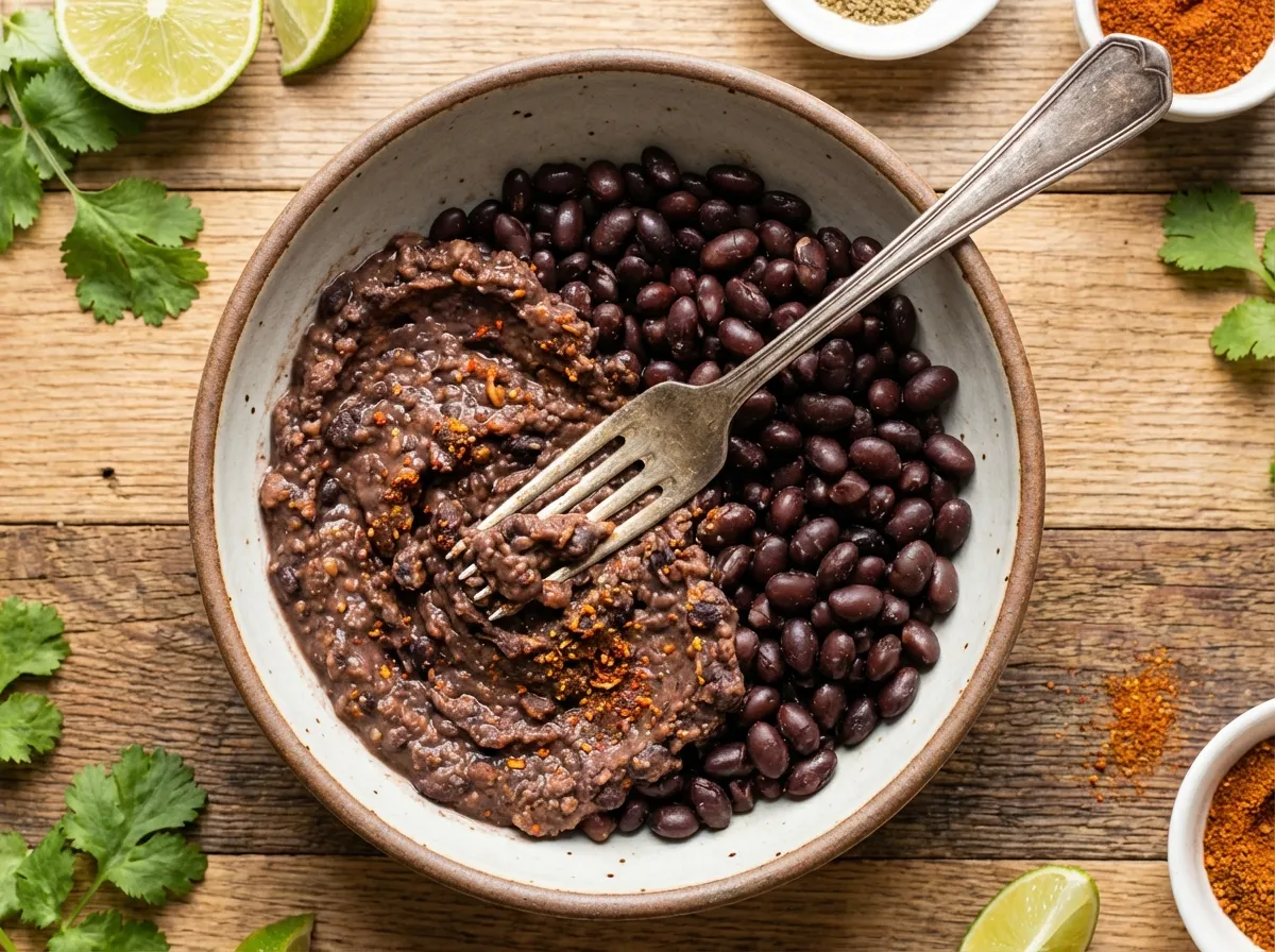 Close-up of black beans being mashed with a fork in a bowl to create a thick meat-mimic texture.