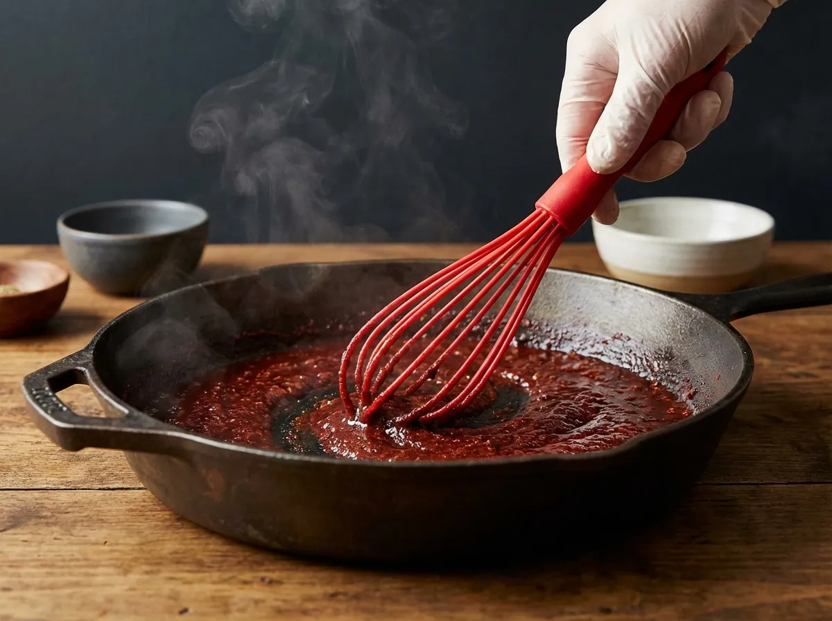 A silicone flat whisk stirring a dark red bubbling enchilada sauce in a black cast iron skillet.