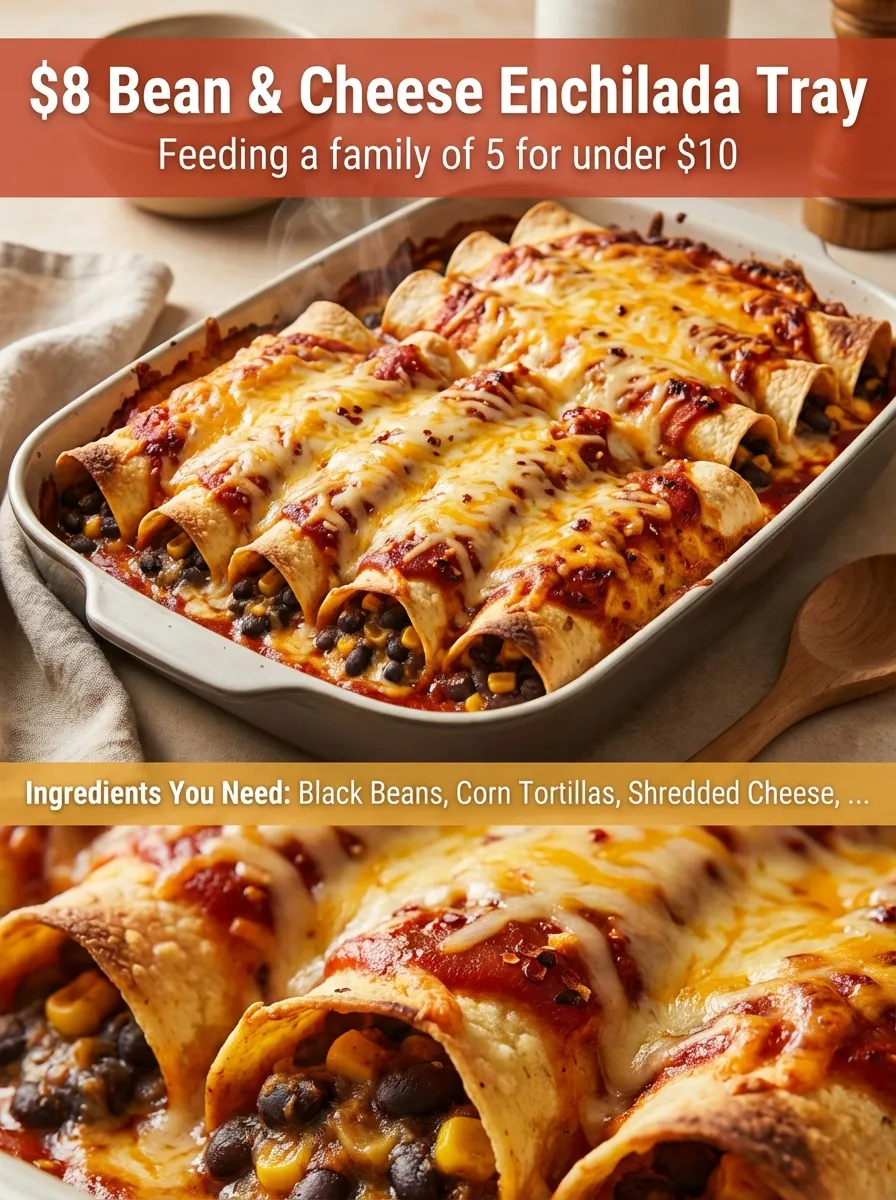 Pinterest pin for $8 Bean and Cheese Enchilada Tray with recipe title and ingredient list.