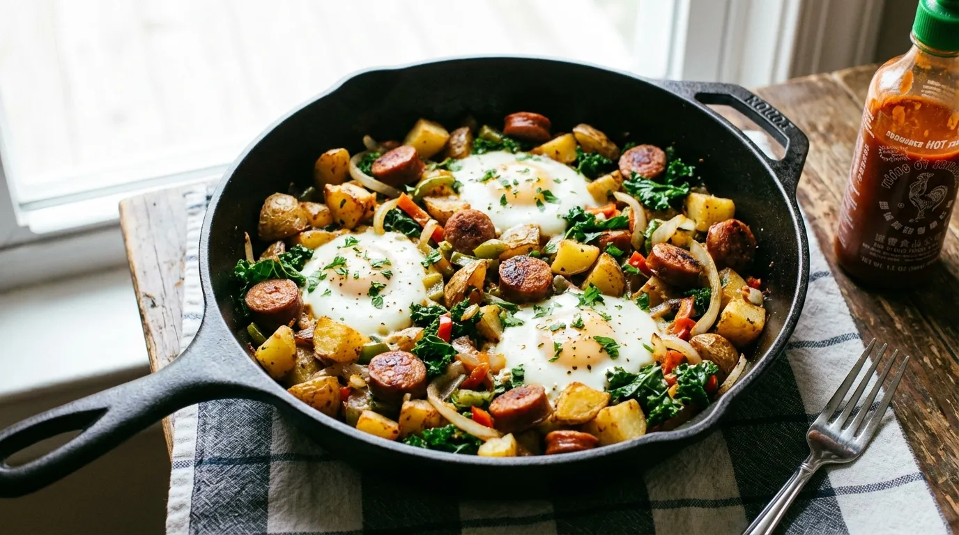 A close-up overhead shot of a crispy sausage and potato hash in a cast iron skillet with golden-brown crusts and green scallion garnish.
