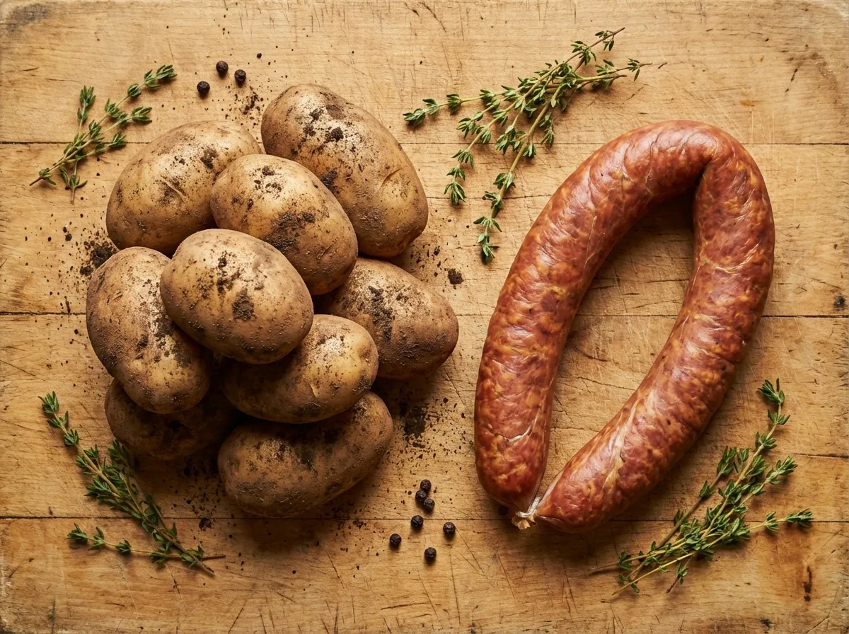 A clean arrangement of raw russet potatoes and a rope of smoked sausage on a wooden cutting board.