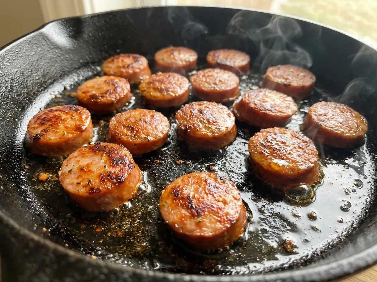 Close-up of sliced smoked sausage coins rendering fat in a dark cast iron skillet.