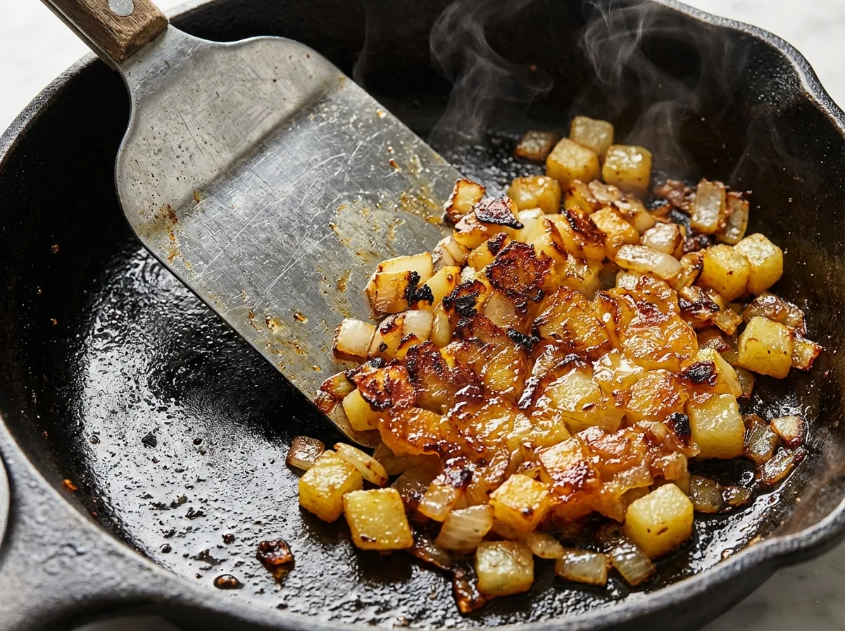 A metal spatula lifting a layer of perfectly browned, crispy potato hash from the bottom of a cast iron skillet.