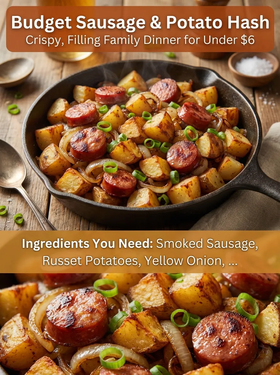 Pinterest recipe pin for Budget Sausage and Potato Hash showing a plated view and ingredients.