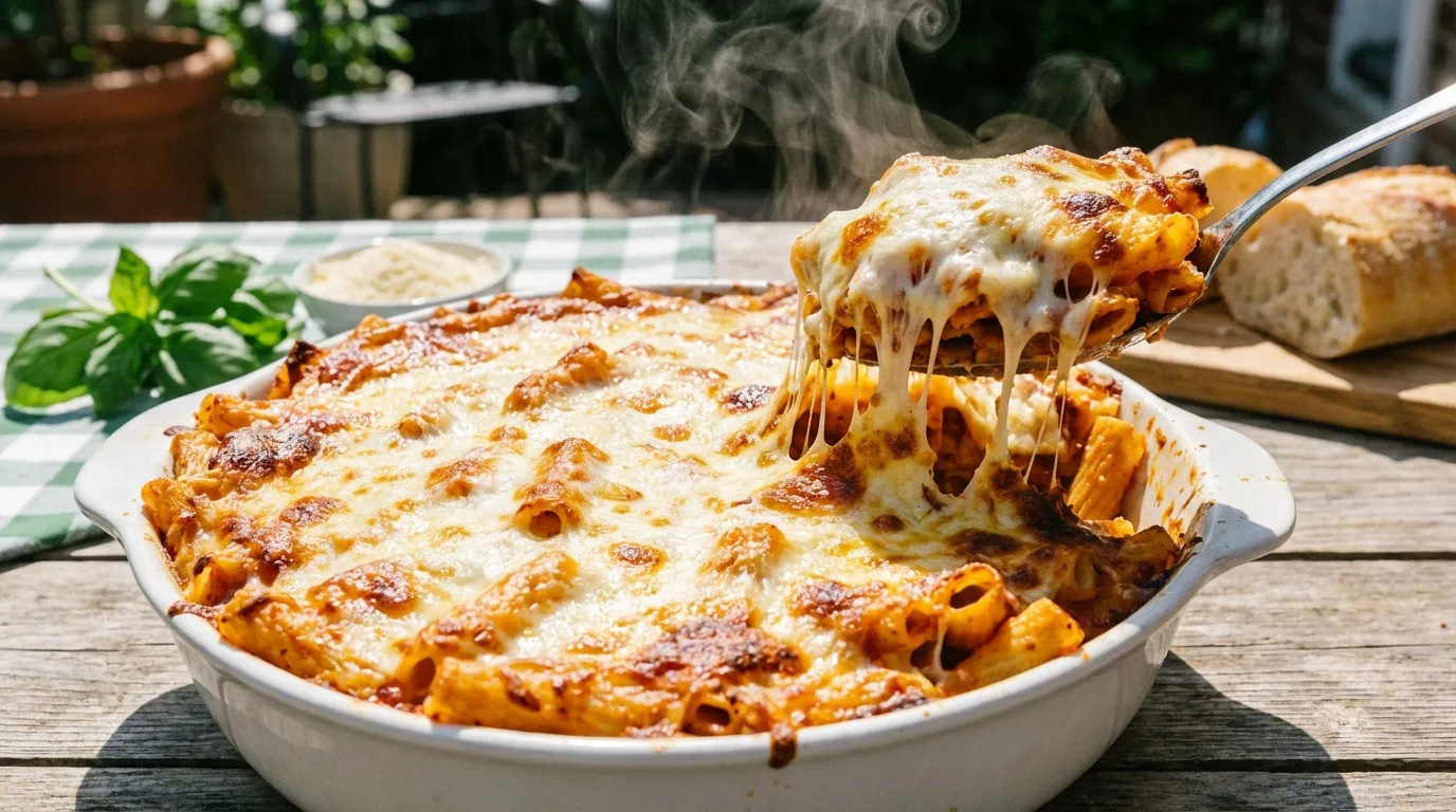 Close-up of a bubbling baked ziti casserole with melted cheese and fresh parsley, representing a budget-friendly family meal.