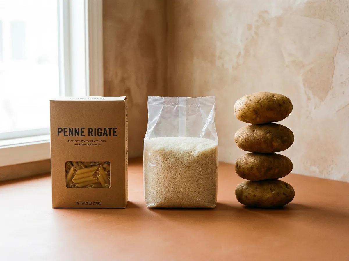 A structured grid layout showing dry pasta, a bag of rice, and a pile of potatoes on a wooden surface.