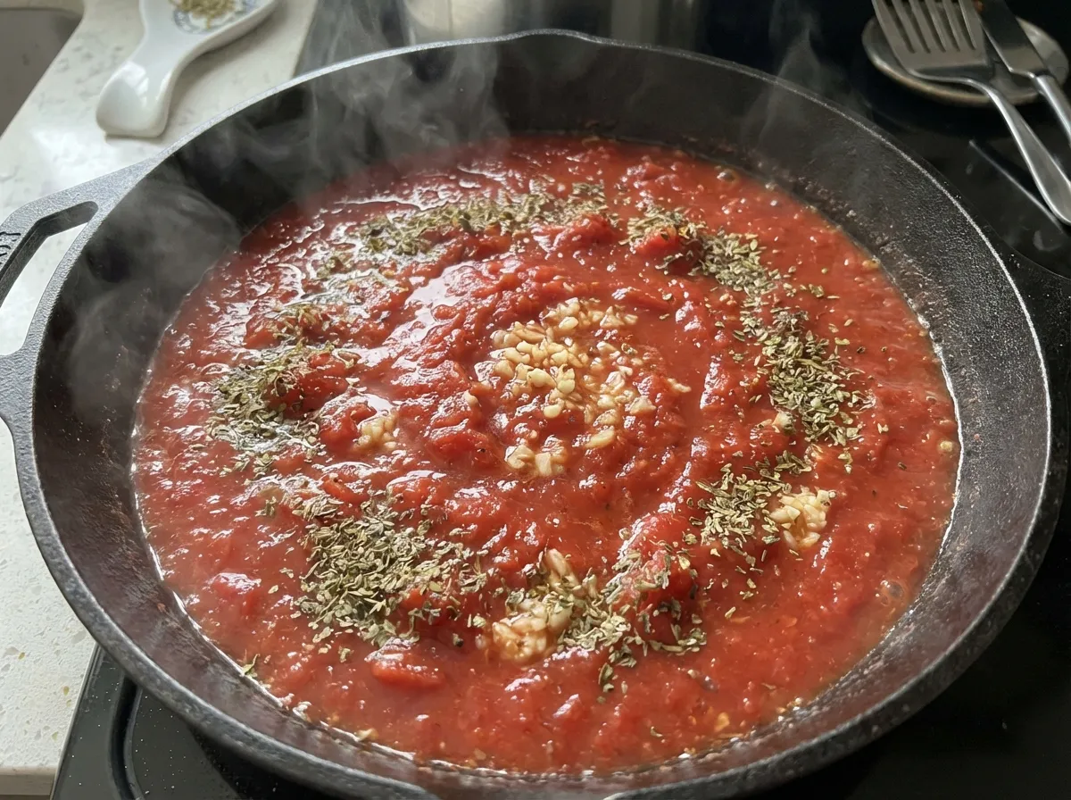 Crushed tomatoes simmering in a stainless steel pan with visible herbs and garlic.